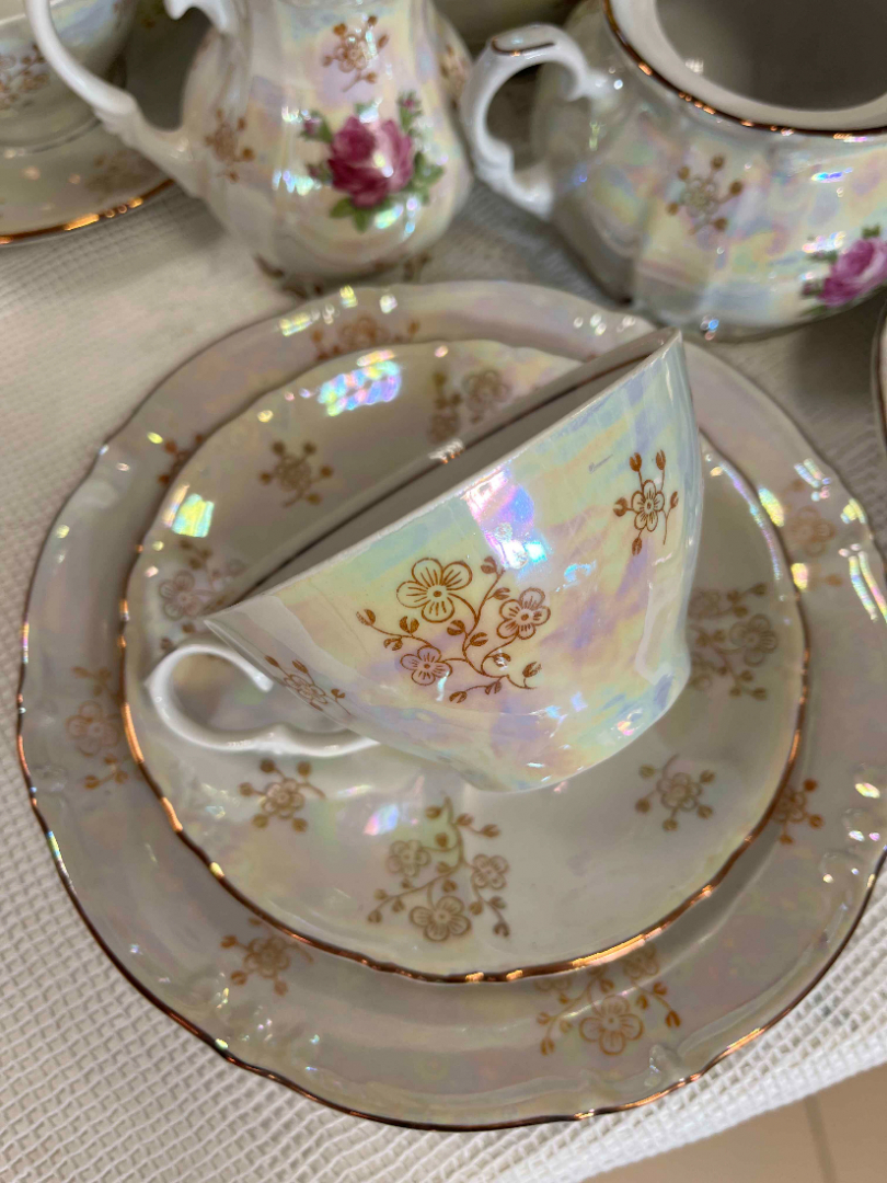 Чайный сервиз "Роза" Kahla GDR. Фарфор, перламутр, деколь, золото. Цена за 21пр. Картинка 7